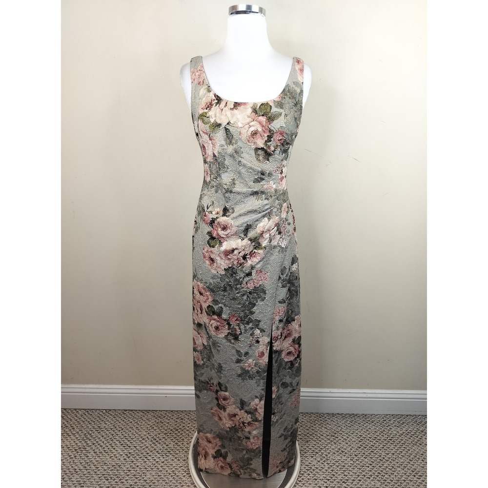 Adrianna Papell Floral Metallic Maxi Gown 2 Formal Side Slit Ruched Romantic